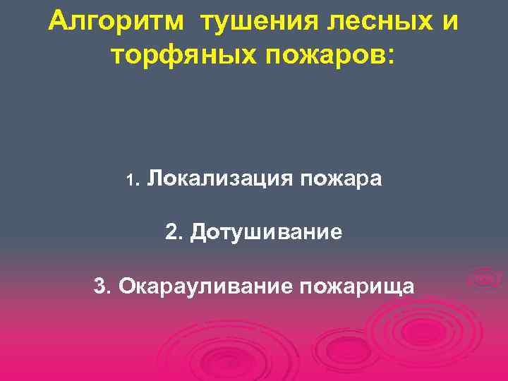 Алгоритм тушения лесных и торфяных пожаров:   1.  Локализация пожара  2.