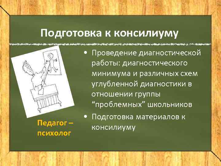 Подготовка к консилиуму   • Проведение диагностической    работы: диагностического 