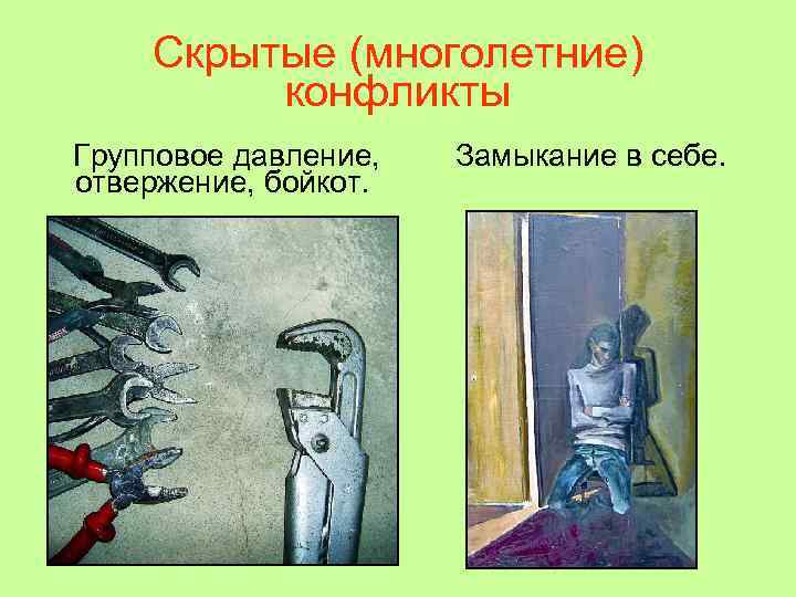   Скрытые (многолетние)   конфликты Групповое давление,  Замыкание в себе. отвержение,