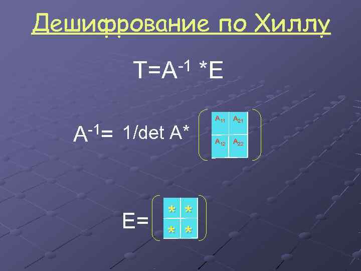 Дешифрование по Хиллу   T=A-1 *E    A 11  A