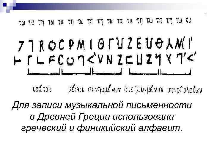 Для записи музыкальной письменности  в Древней Греции использовали греческий и финикийский алфавит. 