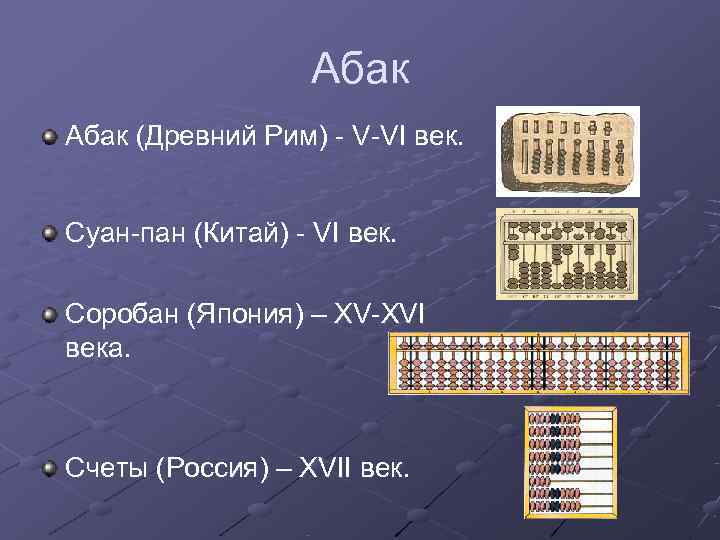     Абак (Древний Рим) - V-VI век.  Суан-пан (Китай) -