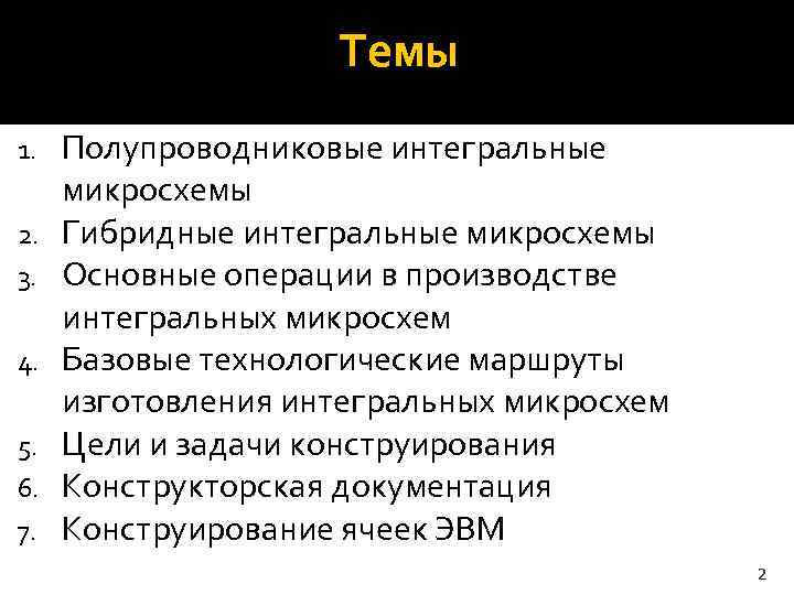     Темы 1.  Полупроводниковые интегральные микросхемы 2.  Гибридные интегральные