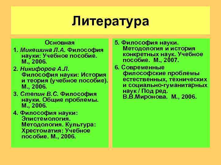    Литература  Основная   5. Философия науки. 1. Микешина Л.