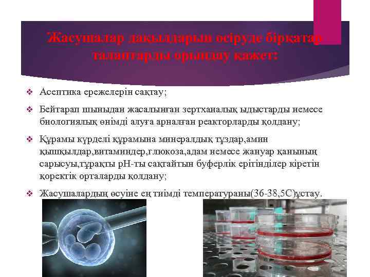  Жасушалар дақылдарын өсіруде бірқатар  талаптарды орындау қажет:  v  Асептика ережелерін