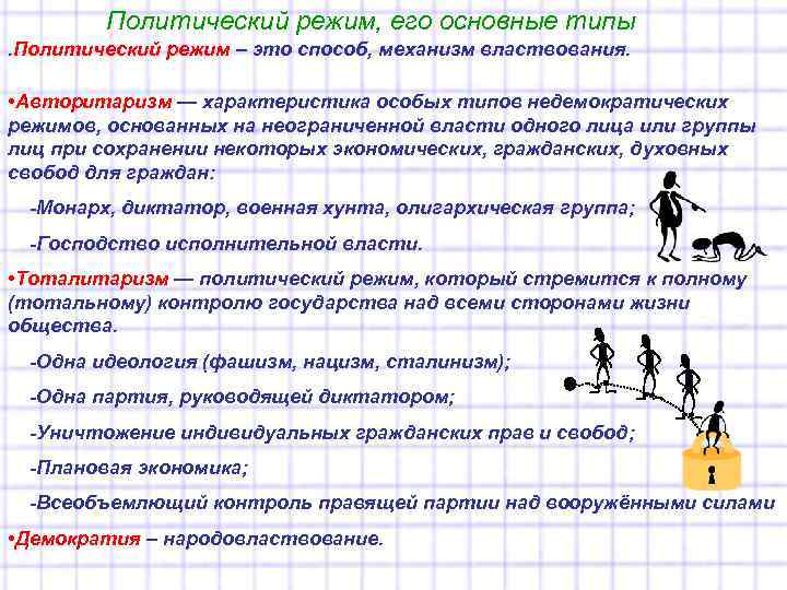    Политический режим, его основные типы. Политический режим – это способ, механизм