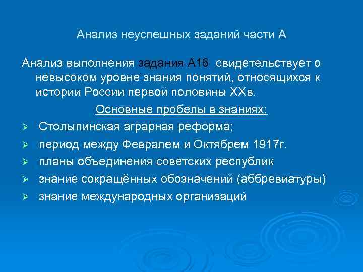   Анализ неуспешных заданий части А Анализ выполнения задания А 16 свидетельствует о