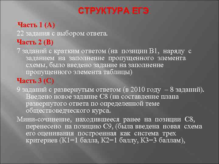    СТРУКТУРА ЕГЭ Часть 1 (А) 22 задания с выбором ответа. Часть