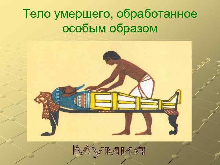Тело умершего, обработанное  особым образом 