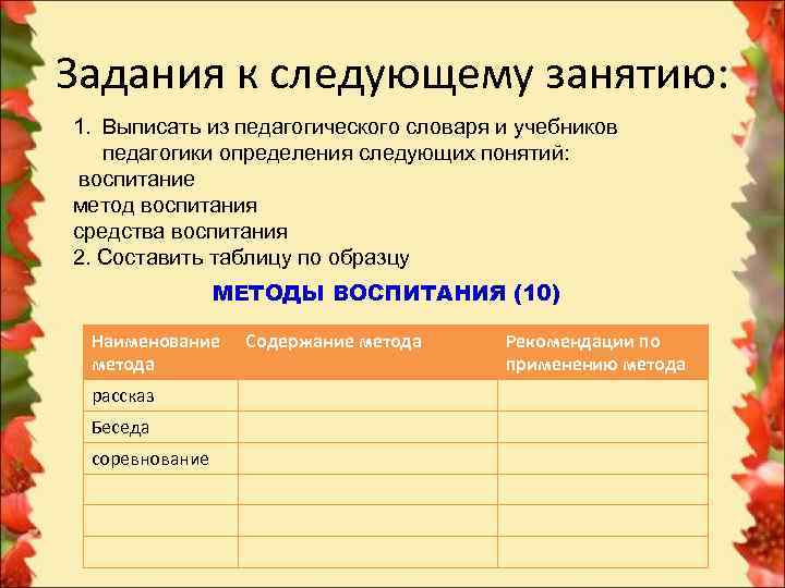 Задания к следующему занятию: 1. Выписать из педагогического словаря и учебников  педагогики определения
