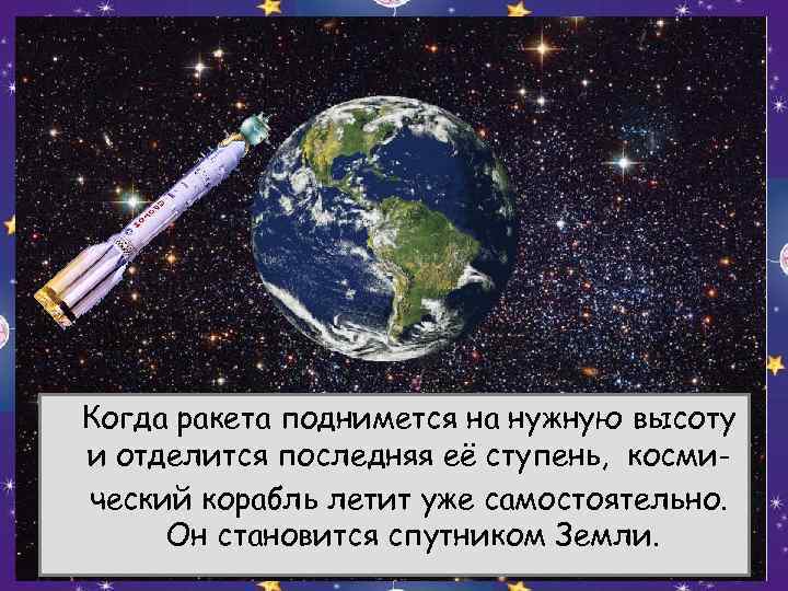 Когда ракета поднимется на нужную высоту и отделится последняя её ступень, косми- ческий корабль
