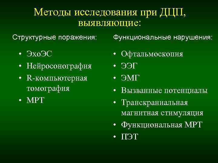 Методы исследования при ДЦП, выявляющие: Структурные поражения: Функциональные нарушения: Методы исследования при ДЦП, выявляющие: Структурные поражения: Функциональные нарушения: