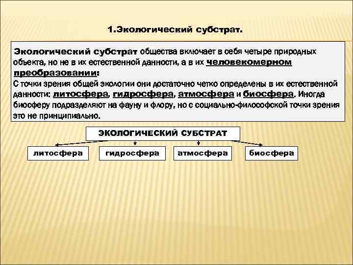      1. Экологический субстрат общества включает в себя четыре природных
