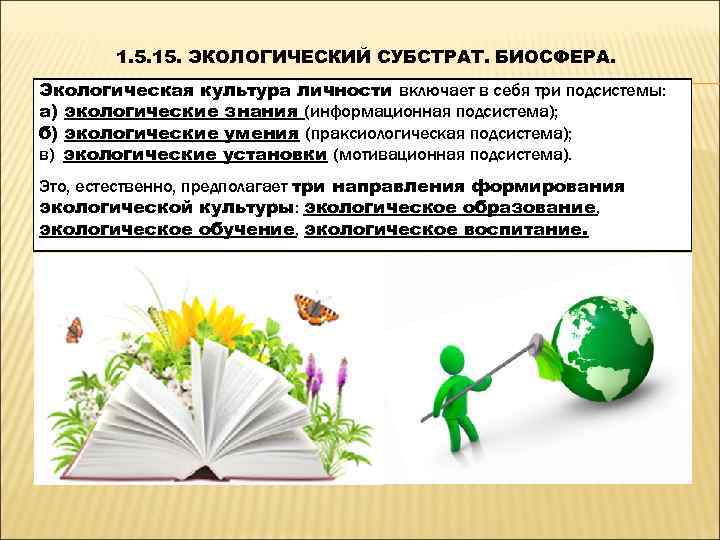   1. 5. 15. ЭКОЛОГИЧЕСКИЙ СУБСТРАТ. БИОСФЕРА. Экологическая культура личности включает в себя