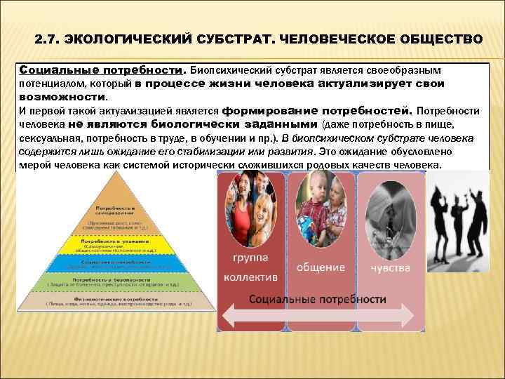  2. 7. ЭКОЛОГИЧЕСКИЙ СУБСТРАТ. ЧЕЛОВЕЧЕСКОЕ ОБЩЕСТВО Социальные потребности. Биопсихический субстрат является своеобразным потенциалом,