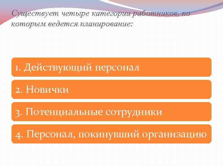 Существует четыре категории работников, по которым ведется планирование: 1. Действующий персонал 2. Новички 3.