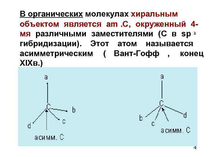 В органических молекулах хиральным объектом является am. С, окруженный 4 - мя различными заместителями