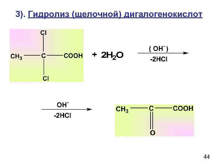 3). Гидролиз (щелочной) дигалогенокислот    +    44 