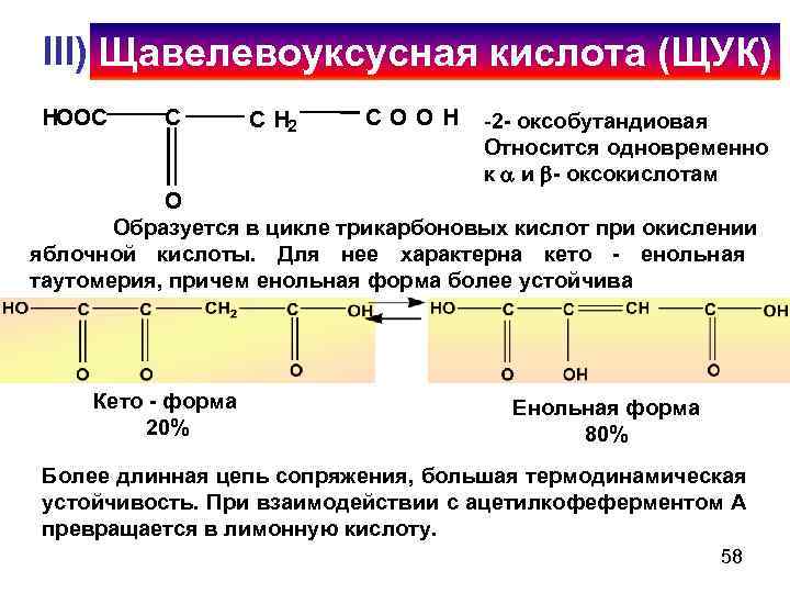  III) Щавелевоуксусная кислота (ЩУК) HOOC  C  C H 2  COOH