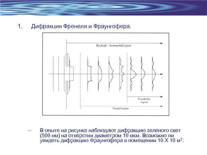 1.  Дифракция Френеля и Фраунгофера.  – В опыте на рисунке наблюдают дифракцию