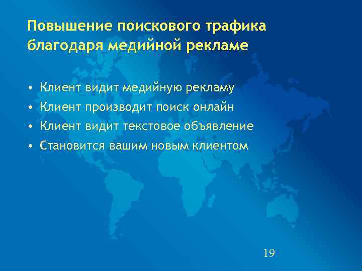 Повышение поискового трафика благодаря медийной рекламе  • Клиент видит медийную рекламу • Клиент