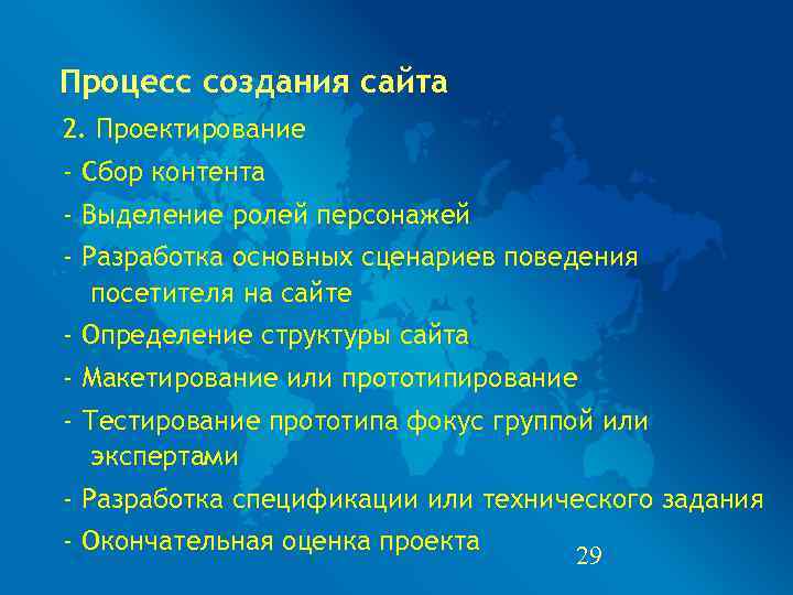 Процесс создания сайта 2. Проектирование - Сбор контента - Выделение ролей персонажей - Разработка