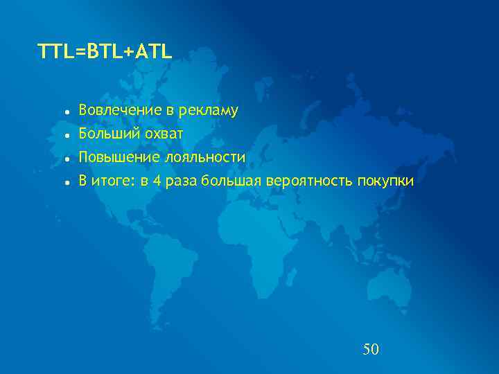 TTL=BTL+ATL  Вовлечение в рекламу  Больший охват  Повышение лояльности  В итоге: