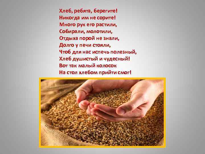 Хлеб, ребята, берегите! Никогда им не сорите! Много рук его растили, Собирали, молотили, Отдыха