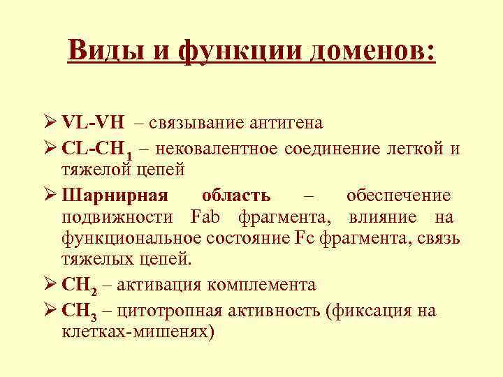  Виды и функции доменов:  Ø VL-VH – связывание антигена Ø CL-CH 1