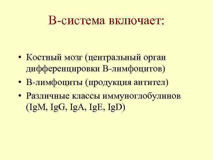  В-система включает:  • Костный мозг (центральный орган  дифференцировки В-лимфоцитов) • В-лимфоциты