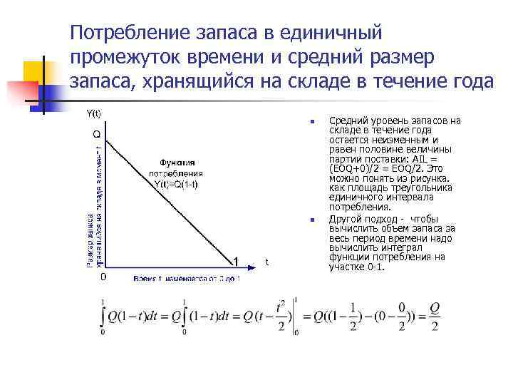 Потребление запаса в единичный промежуток времени и средний размер запаса, хранящийся на складе в