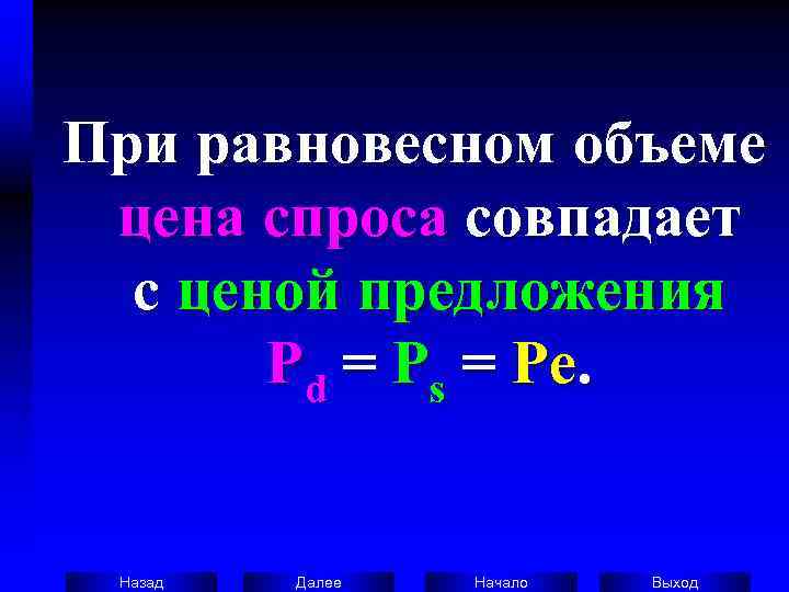 При равновесном объеме  цена спроса совпадает с ценой предложения  Pd = Ps