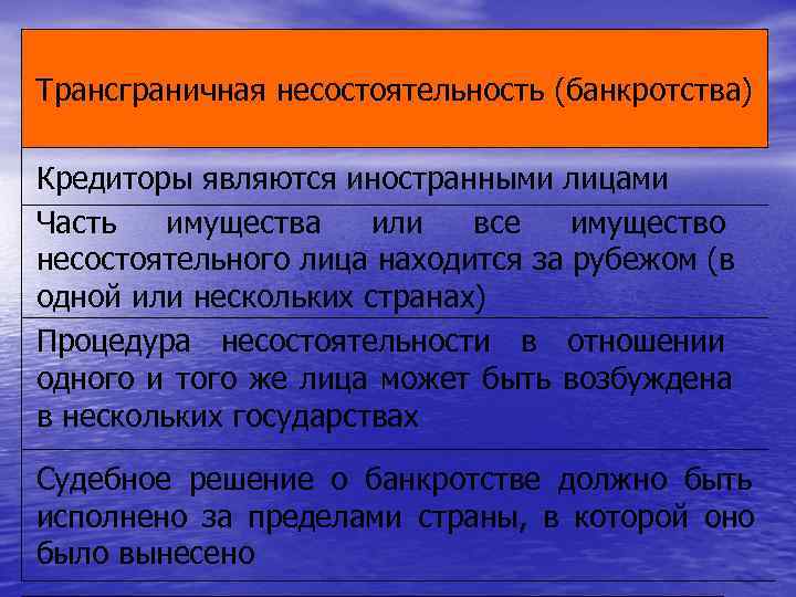 Трансграничная несостоятельность (банкротства) Кредиторы являются иностранными лицами Часть  имущества или  все 