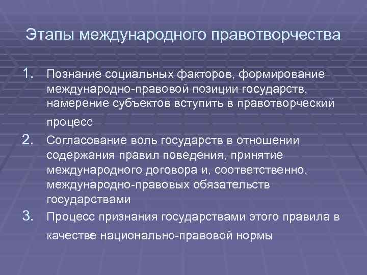 Этапы международного правотворчества 1. Познание социальных факторов, формирование  международно-правовой позиции государств, намерение субъектов