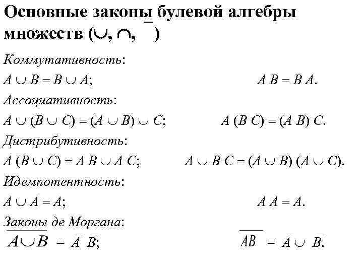 Основные законы булевой алгебры множеств ( ,  ,  ) Коммутативность: А 