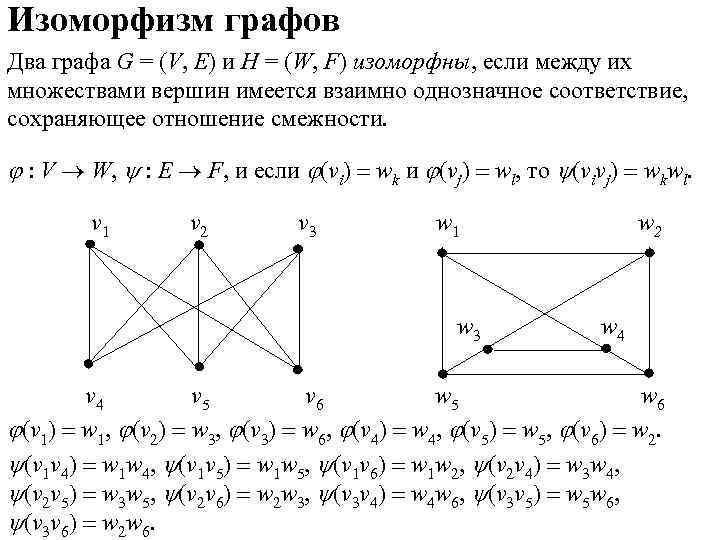 Изоморфизм графов Два графа G = (V, Е) и H = (W, F) изоморфны,