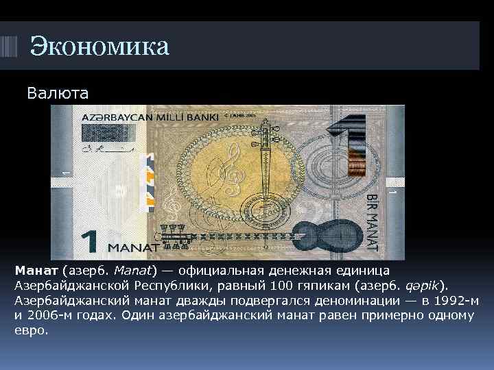  Экономика Валюта Манат (азерб. Manat) — официальная денежная единица Азербайджанской Республики, равный 100