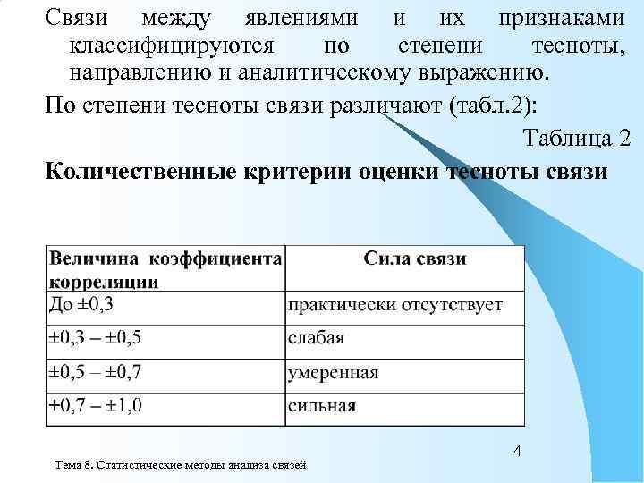Связи между явлениями и их признаками  классифицируются по степени тесноты,  направлению и