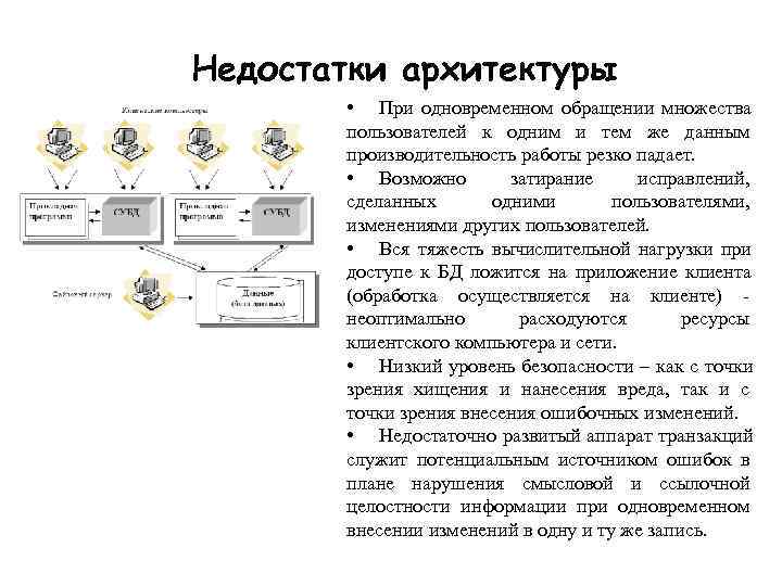 Недостатки архитектуры   • При одновременном обращении множества   пользователей к одним