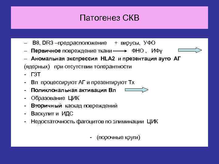    Патогенез СКВ – В 8, DR 3 –предрасположение + вирусы, УФО