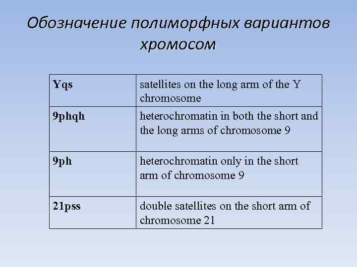 Обозначение полиморфных вариантов   хромосом  Yqs  satellites on the long arm