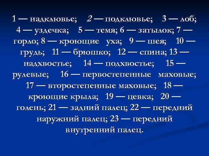 1 — надклювье; 2 — подклювье; 3 — лоб;  4 — уздечка; 5