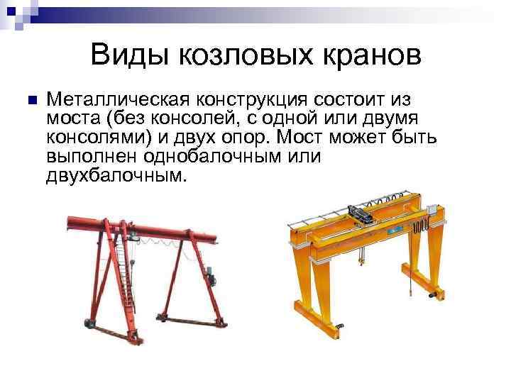   Виды козловых кранов n  Металлическая конструкция состоит из моста (без консолей,