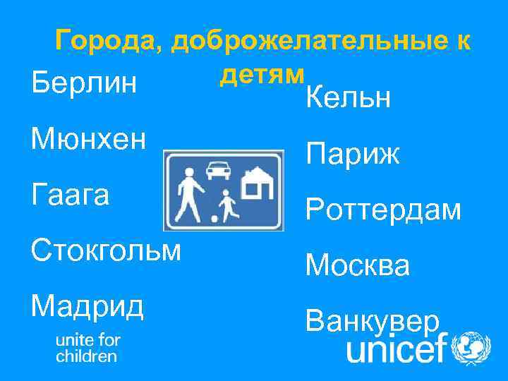  Города, доброжелательные к Берлин детям   Кельн Мюнхен   Париж Гаага