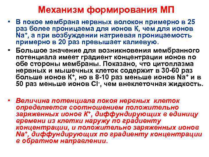   Механизм формирования МП • В покое мембрана нервных волокон примерно в 25