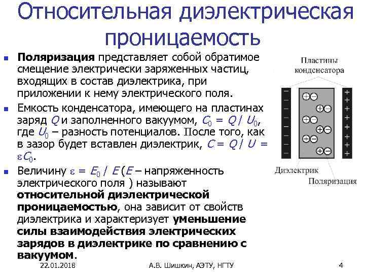  Относительная диэлектрическая   проницаемость n  Поляризация представляет собой обратимое смещение электрически