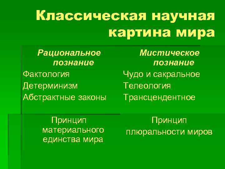 Классическая научная картина. Классическая научная картина мира. Рациональная картина мира. Детерминизм в картине мира. Наука и мистика. Соотнесение научного и мистического познания.