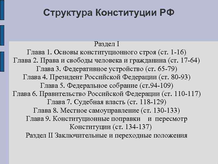    Структура Конституции РФ      Раздел I Глава