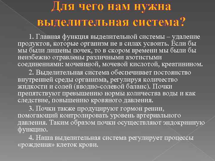   Для чего нам нужна выделительная система? 1. Главная функция выделительной системы –