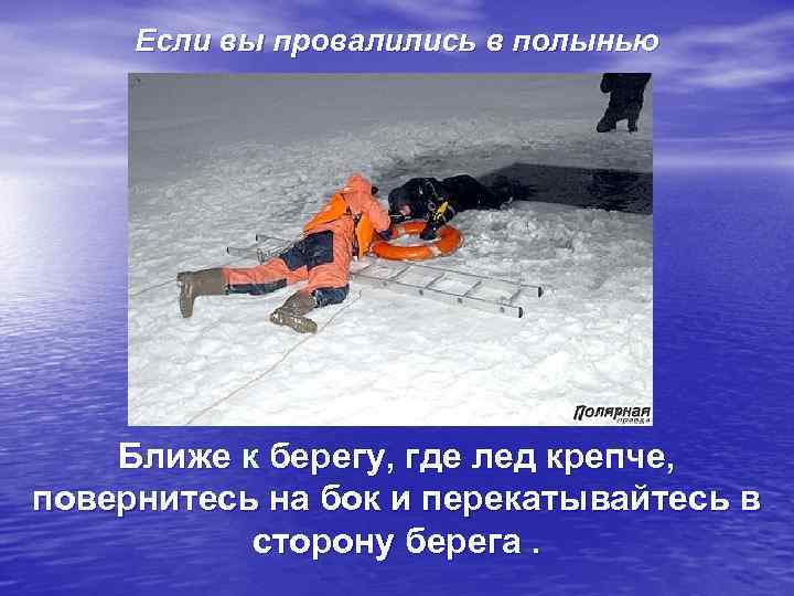  Если вы провалились в полынью   Ближе к берегу, где лед крепче,
